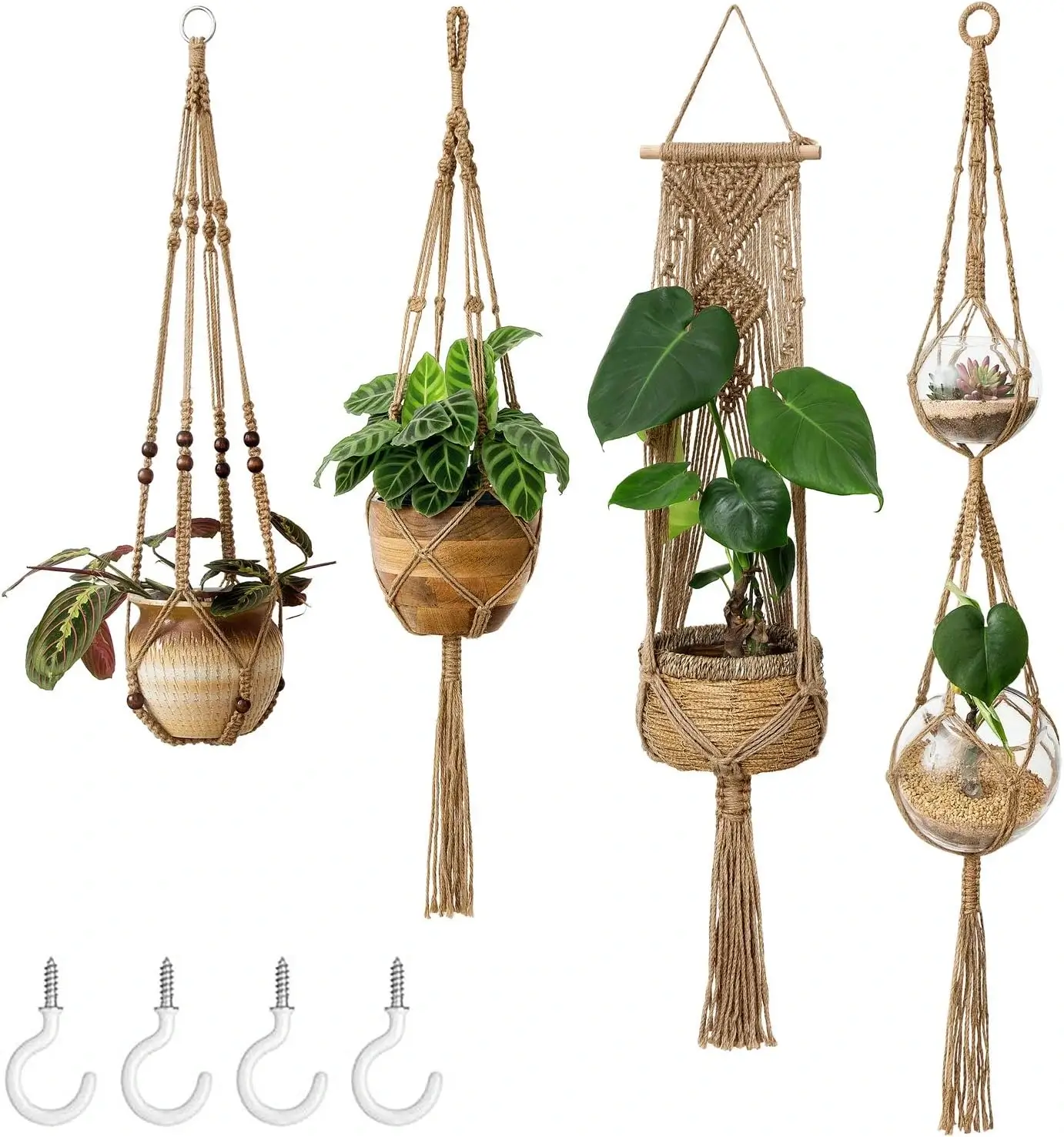 Macrame Plant Hangers Set of 4 with 4 Hooks for Indoor Outdoor Home Decor
